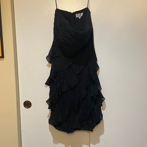 Black cocktail dress, strapless, chiffon material, ruching